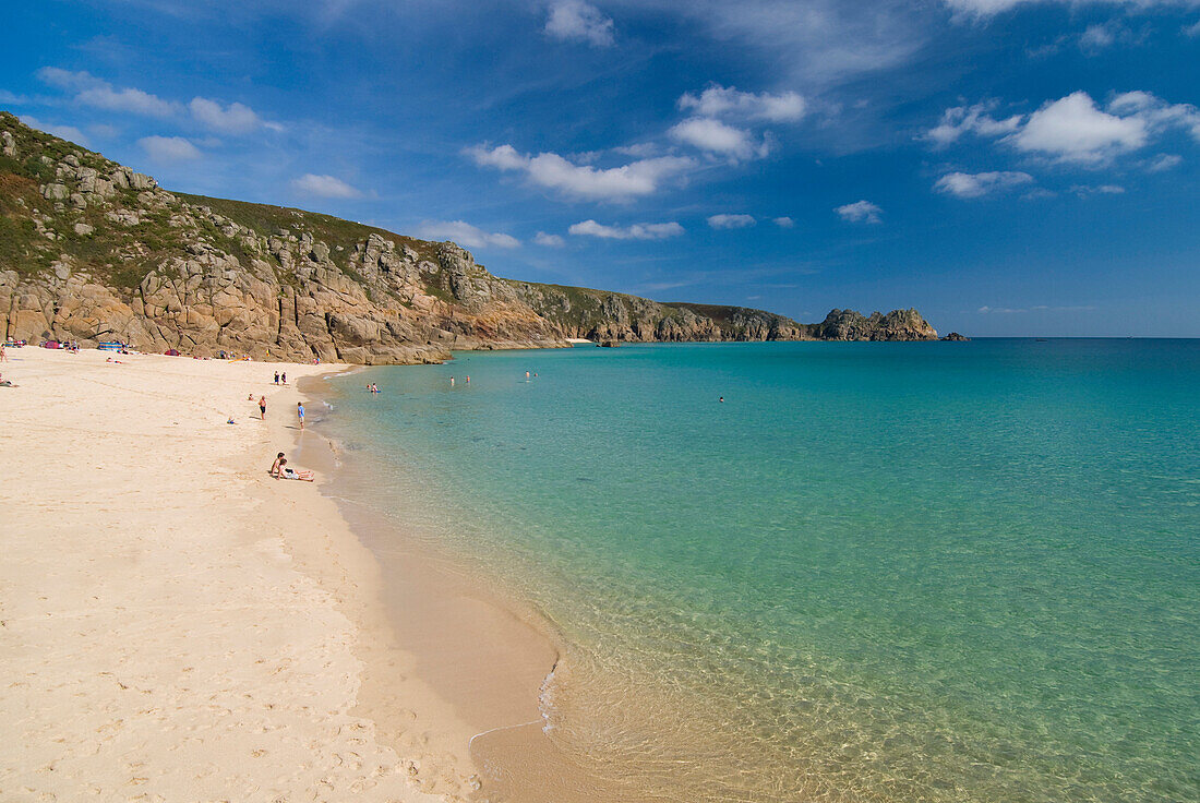 Looking along Porthcurno beach, Cornwall, England