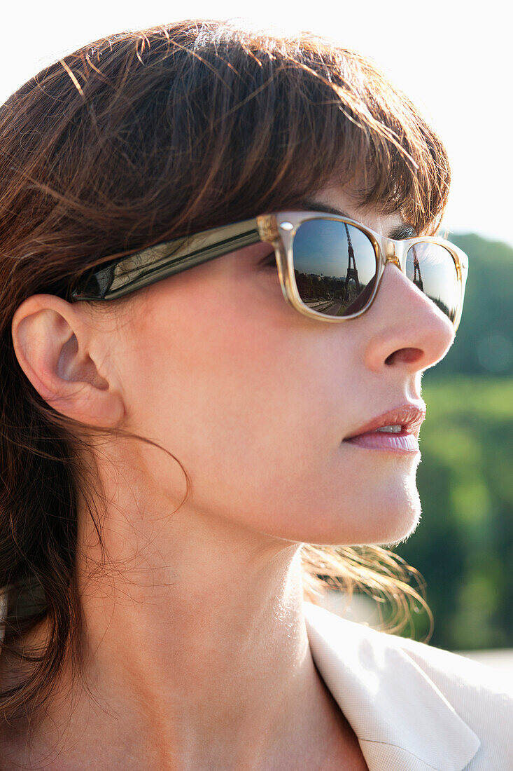 Close-up of a woman wearing sunglasses, Paris, Ile-de-France, France