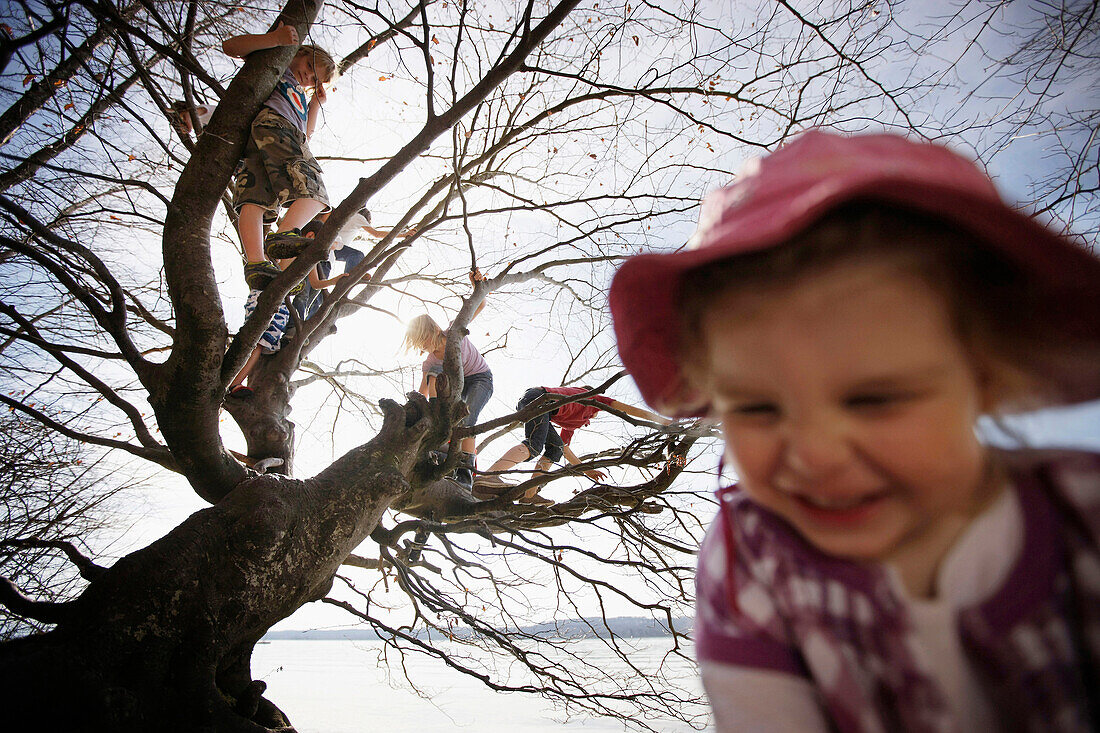 Kinder toben am Seeufer und klettern in einem Baum, Schlosspark Leoni, Leoni, Starnberger See, Bayern Deutschland