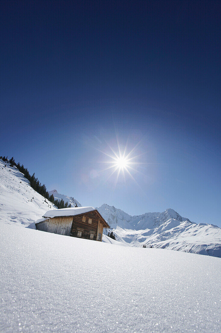Alpine hut in the snow, Kloesterle, Arlberggebiet, Austria