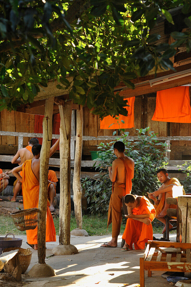 Buddhist monks, novice, in front of their dwelling, Luang Prabang, Laos