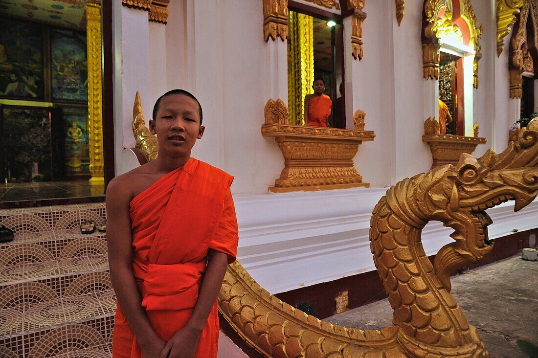 Golden Nagas and Buddhist monks, novice, Wat Luang, Pakse, Laos