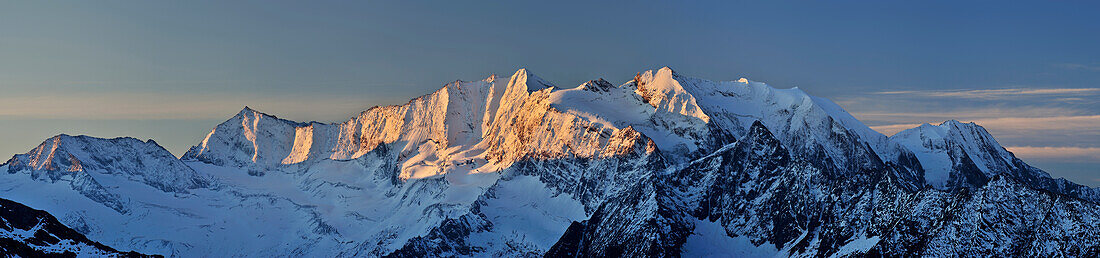 Panorama of Zillertal mountain range with Hochfeiler and Hochferner, Zillertal Alps, Zillertal, Tyrol, Austria