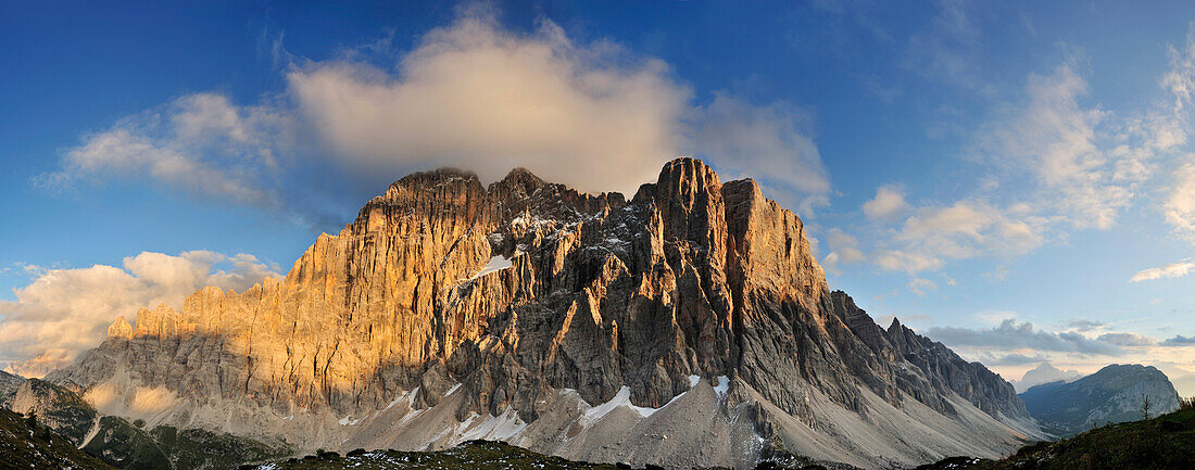 Panorama of Monte Civetta northwest face at sunset, Monte Civetta, Dolomites, UNESCO World Heritage Site, South Tyrol, Italy