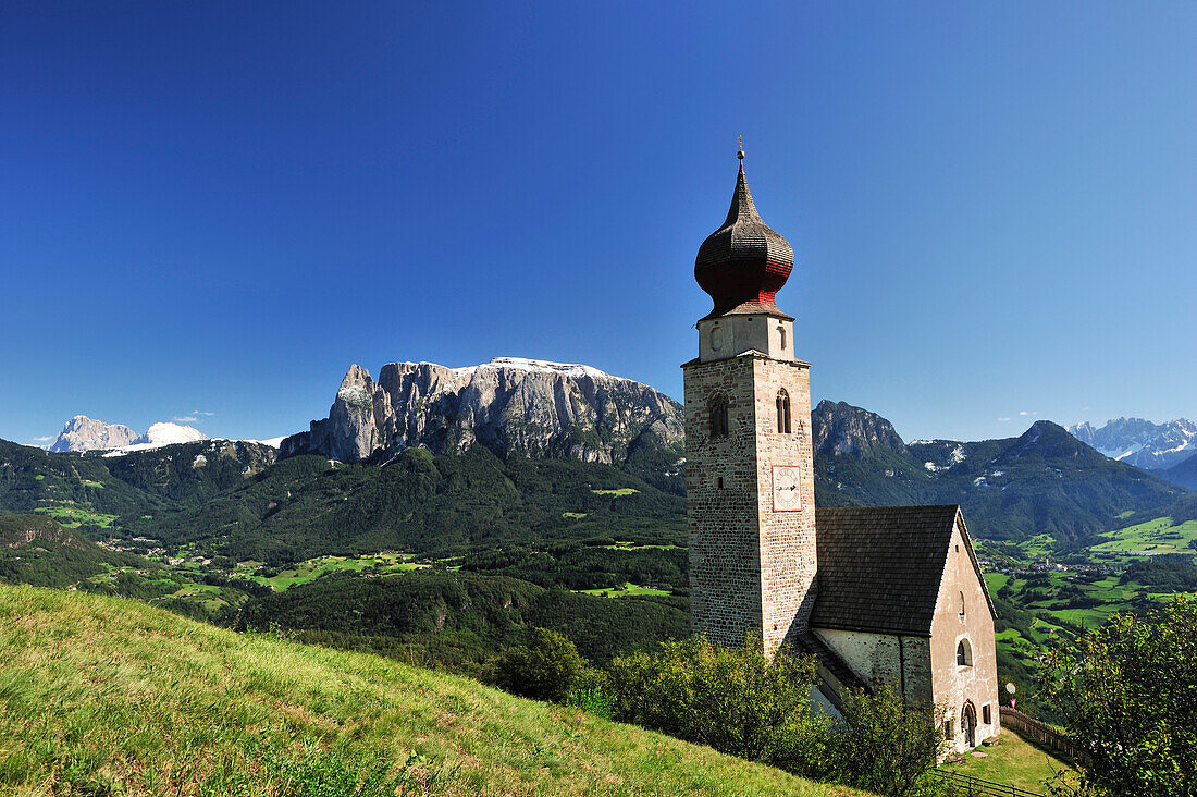 Church spire with Schlern, Klobenstein, Sarntal Alps, Dolomites, UNESCO World Heritage Site, South Tyrol, Italy