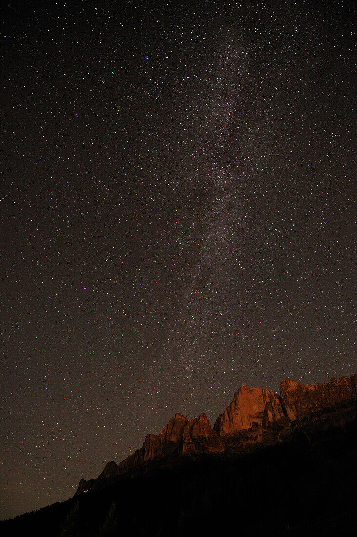 Starry sky above Rotwand, Rosengarten, Dolomites, UNESCO World Heritage Site, South Tyrol, Italy