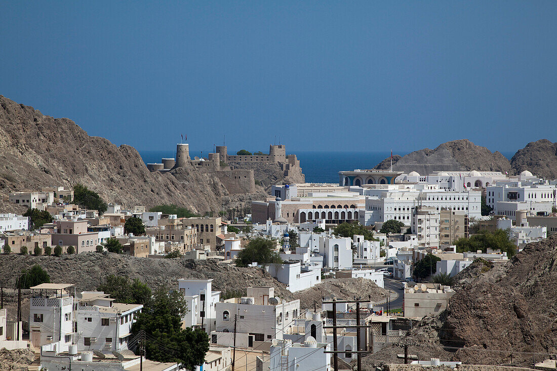 Blick über die Altstadt von Muskat, Muscat, Maskat, Oman, Arabische Halbinsel