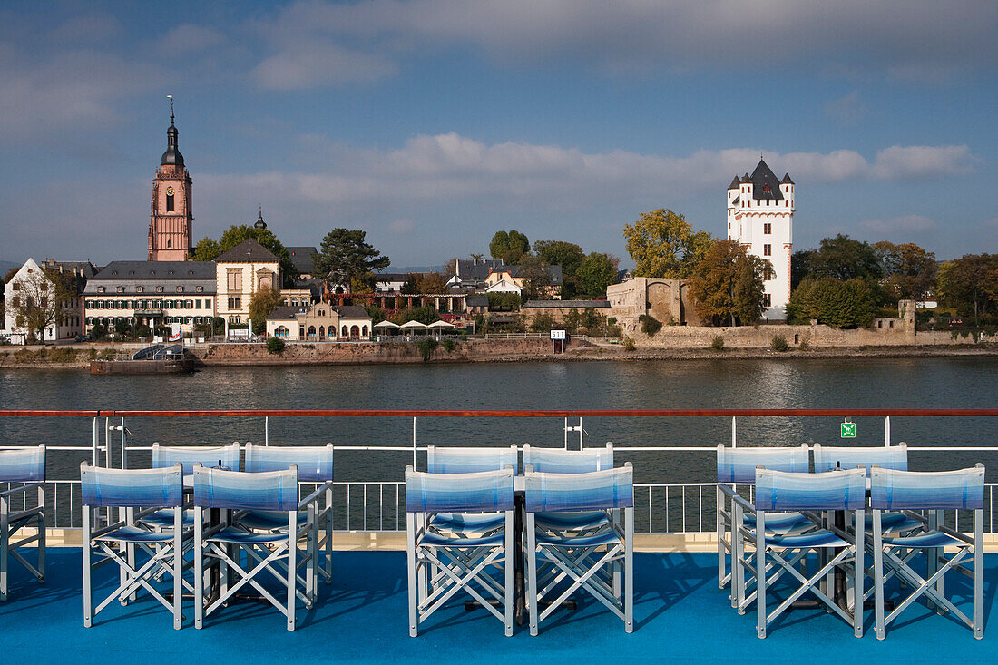 Chairs and tables on sundeck aboard Rhine river cruise ship, MS Bellevue, TC Bellevue, TransOcean Kreuzfahrten, Eltville On The Rhine River, Rheingau, Hesse, Germany