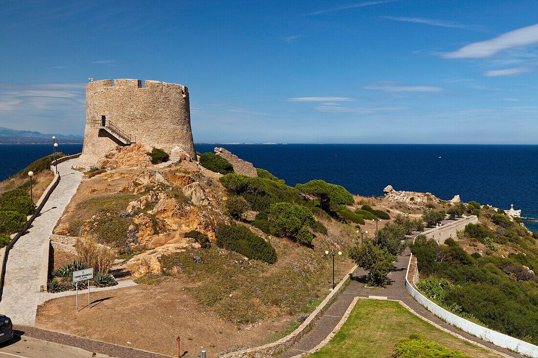 Ancient watchtower at the entrance of the harbor in Santa Teresa di Gullara, Sardinia, Italy, Europe