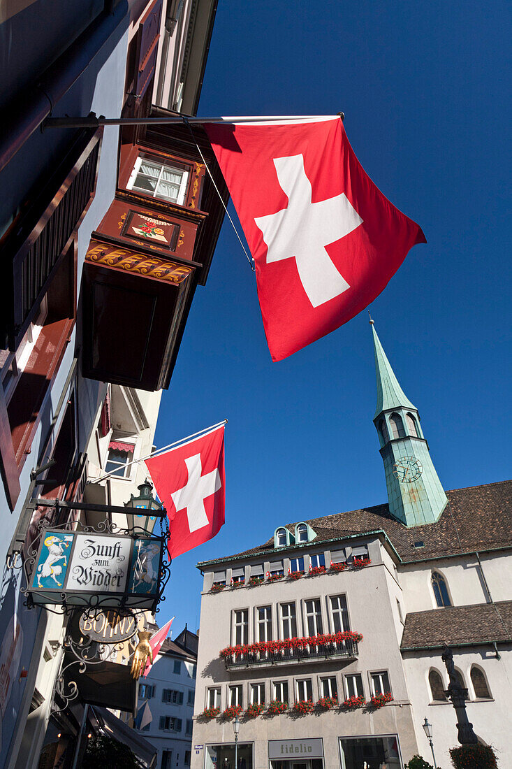 August 1 Flags in the Old City Center,  Zunfthaus Zum Widder, Zurich, Switzerland