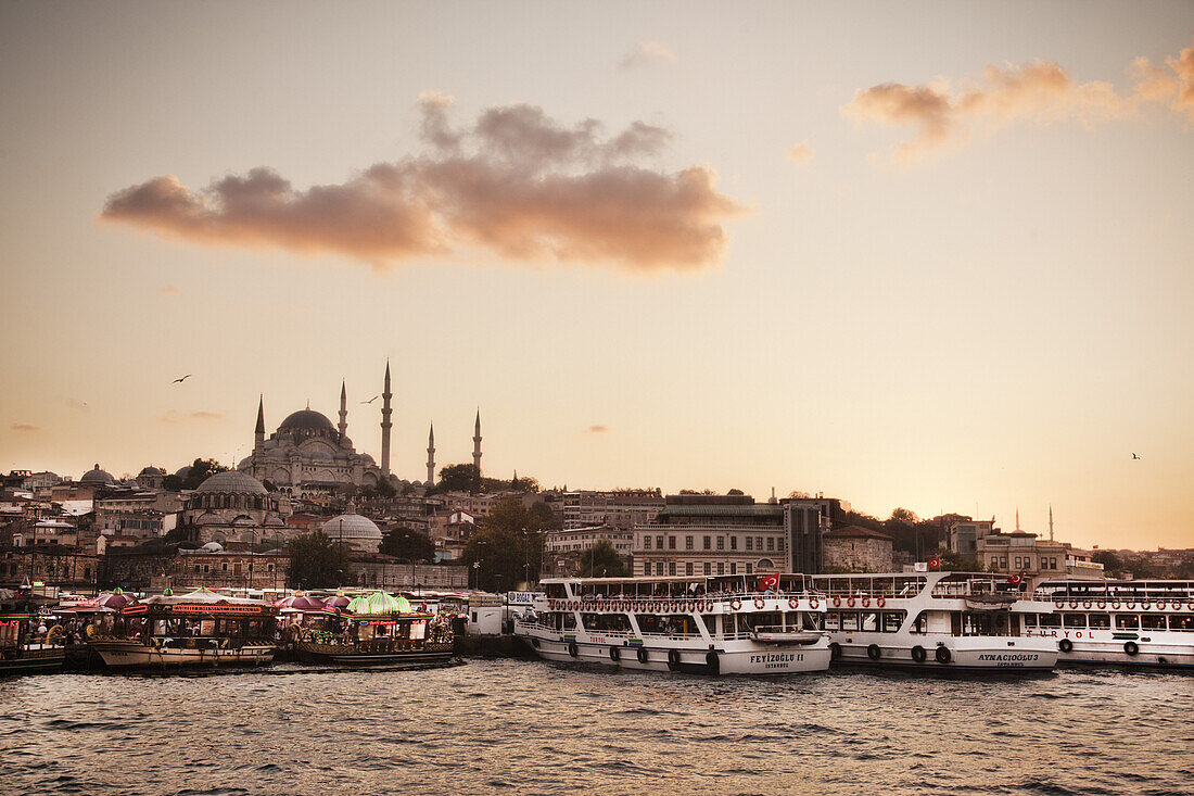 Süleymaniye Moschee und Goldenes Horn bei Sonnenuntergang, Eminonu, Istanbul, Türkei, Europa