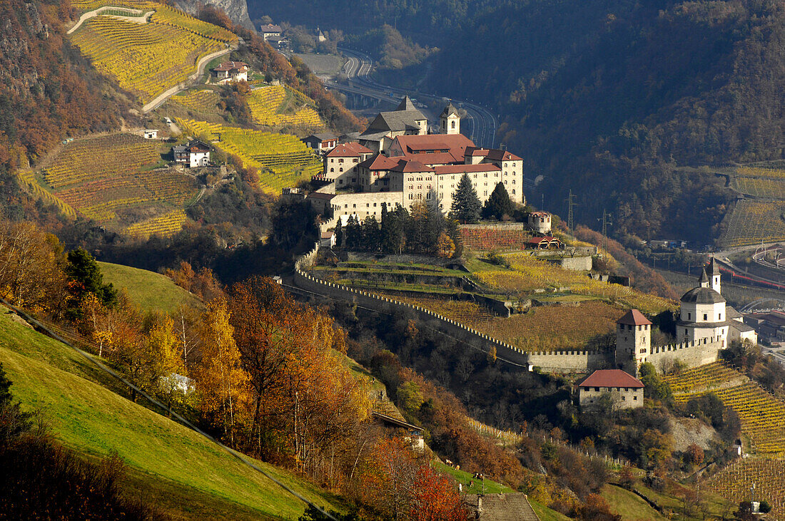 View of Saeben monastery in autumn, Chiusa, Valle Isarco, South Tyrol, Italy, Europe