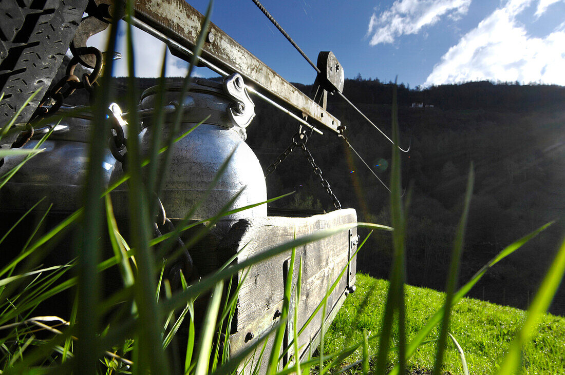 Milk cans in a cable car, Schnals valley, South Tyrol, Italy, Europe