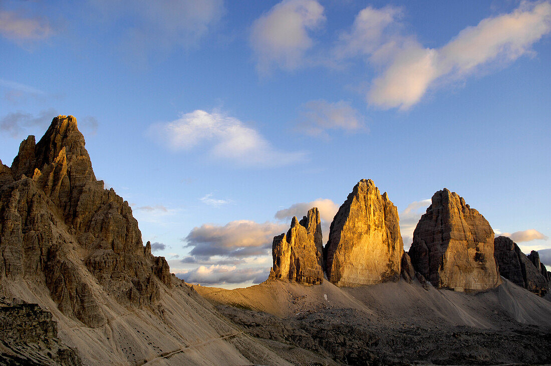 Paternkofel and Three Peaks in morning light, Sexten Dolomites, Dolomites, South Tyrol, Trentino-Alto Adige, Italy