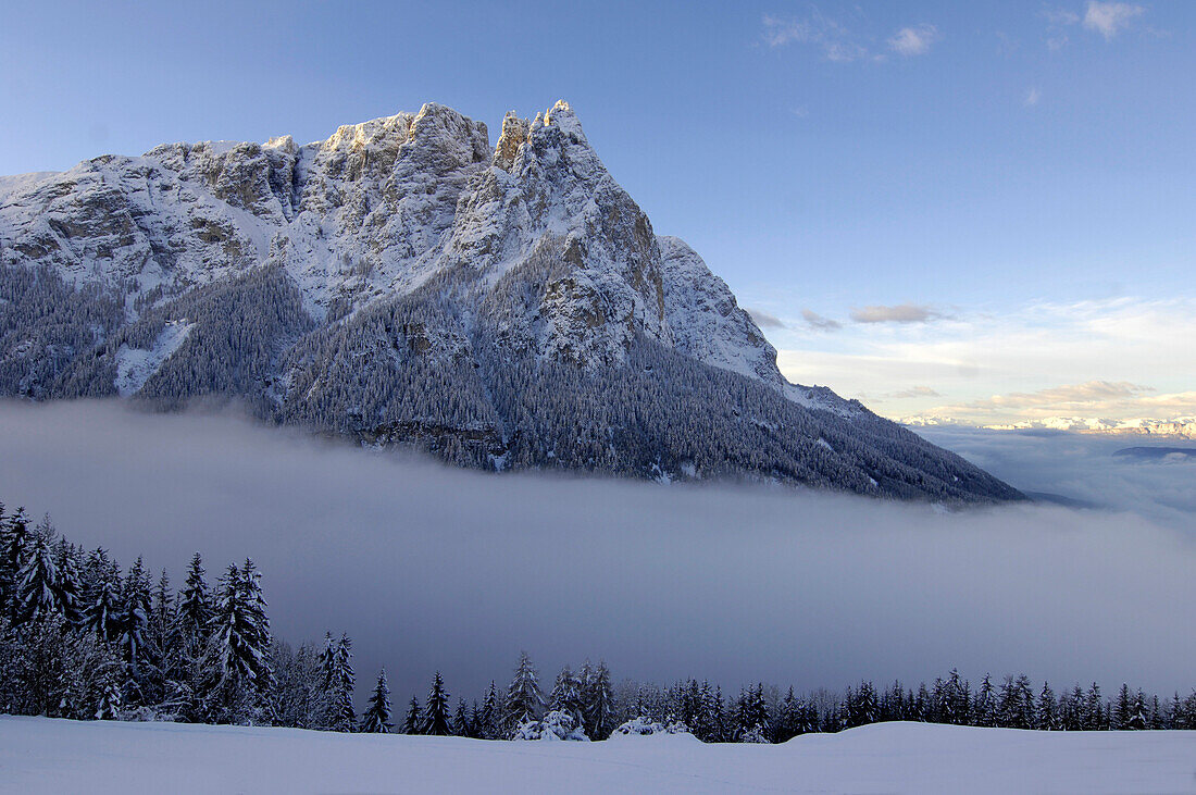 Morning fog, Punta Santner, Santner,  Sciliar, UNESCO world natural heritage, Valle Isarco, Dolomites, South Tyrol, Trentino-Alto Adige, Italy