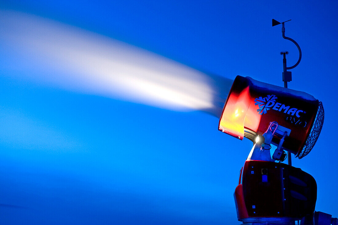 Snow cannon in action in the evening, Alto Adige, South Tyrol, Italy, Europe