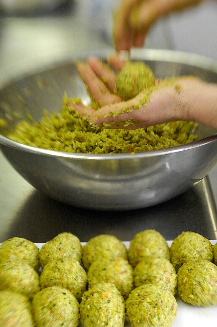 Preparation of dumplings with bear's garlic, Pretzhof, Tulfer, Alto Adige, South Tyrol, Italy, Europe