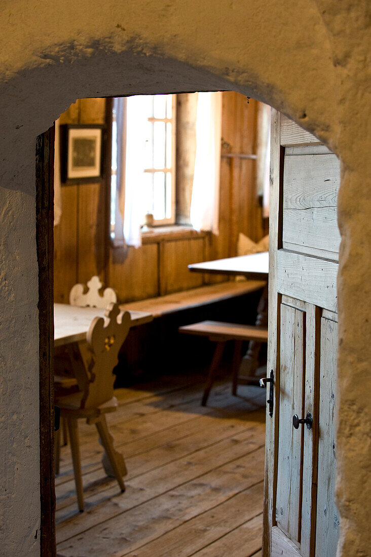 View into farmhouse parlour at a museum, Rohrer farm, Val Sarentino, Alto Adige, South Tyrol, Italy, Europe