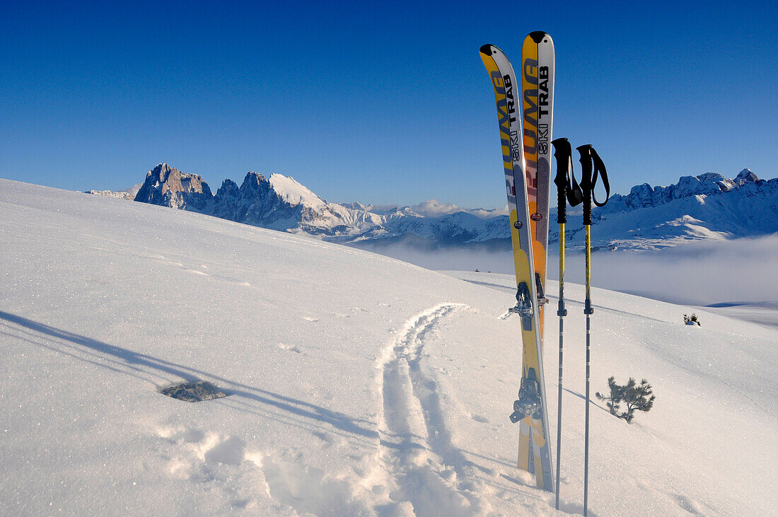 Skier in verschneiter Berglandschaft, Puflatsch, Alto Adige, Südtirol, Italien, Europa