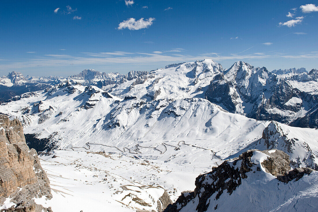 Snowy mountain scenery in the sunlight, Pordoi Pass, Alto Adige, South Tyrol, Italy, Europe