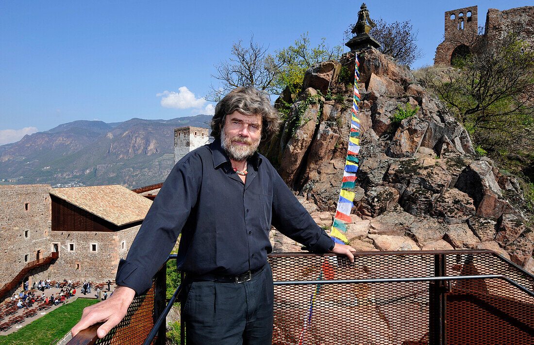 Reinhold Messner in front of Sigmundskron castle with Messner Mountain museum, Alto Adige, South Tyrol, Italy, Europe