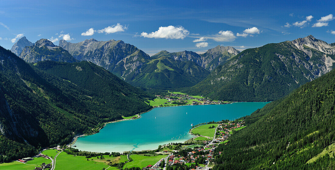 View over Lake Achensee with Karwendel mountain range and Rofan mountains, Tyrol, Austria