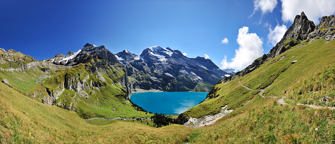 Mountain scenery with Oeschinen Lake, Bluemlisalp, UNESCO World Heritage Site Jungfrau-Aletsch protected area, Bernese Oberland, canton of Bern, Switzerland