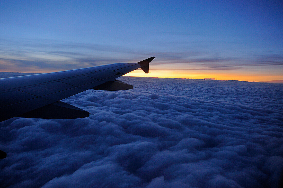 Morning mood above clouds with wing of airplane, flight from Delhi to Leh, Ladakh, Jammu and Kashmir, India