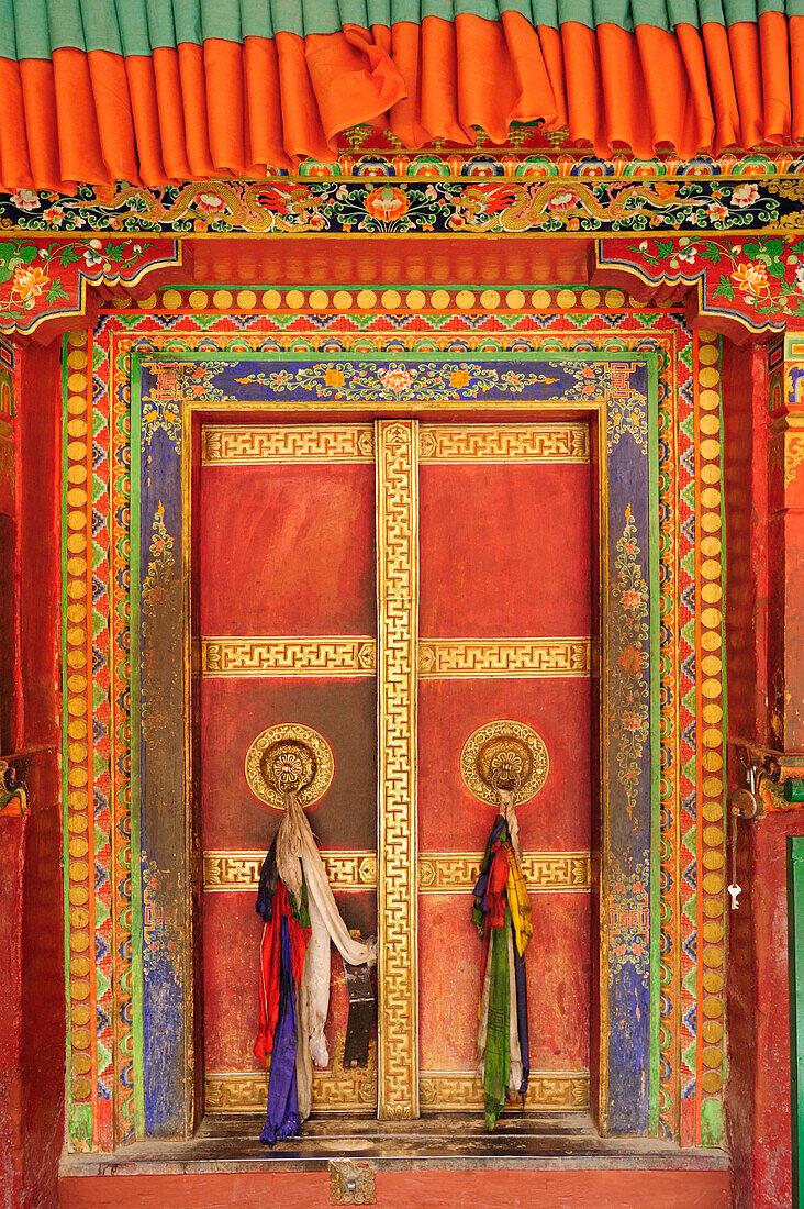 Entrance to prayer hall, Monastery of Lamayuru, Lamayuru, Ladakh, India