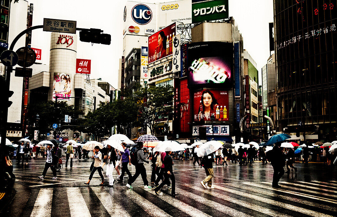 Pedestrians Crossing Busy Intersection in Rain, Tokyo, Japan
