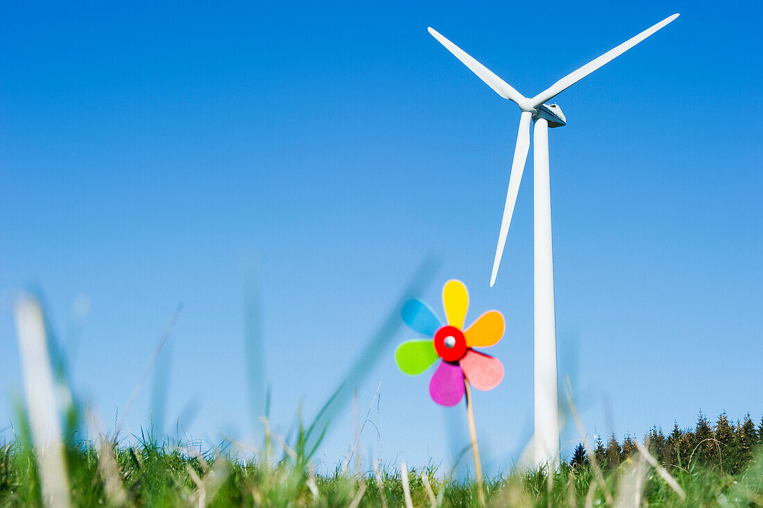 Toy windmill and large wind turbine, Black Forest, Baden-Wurttemberg, Germany, Black Forest, Baden-Würtemberg, Germany