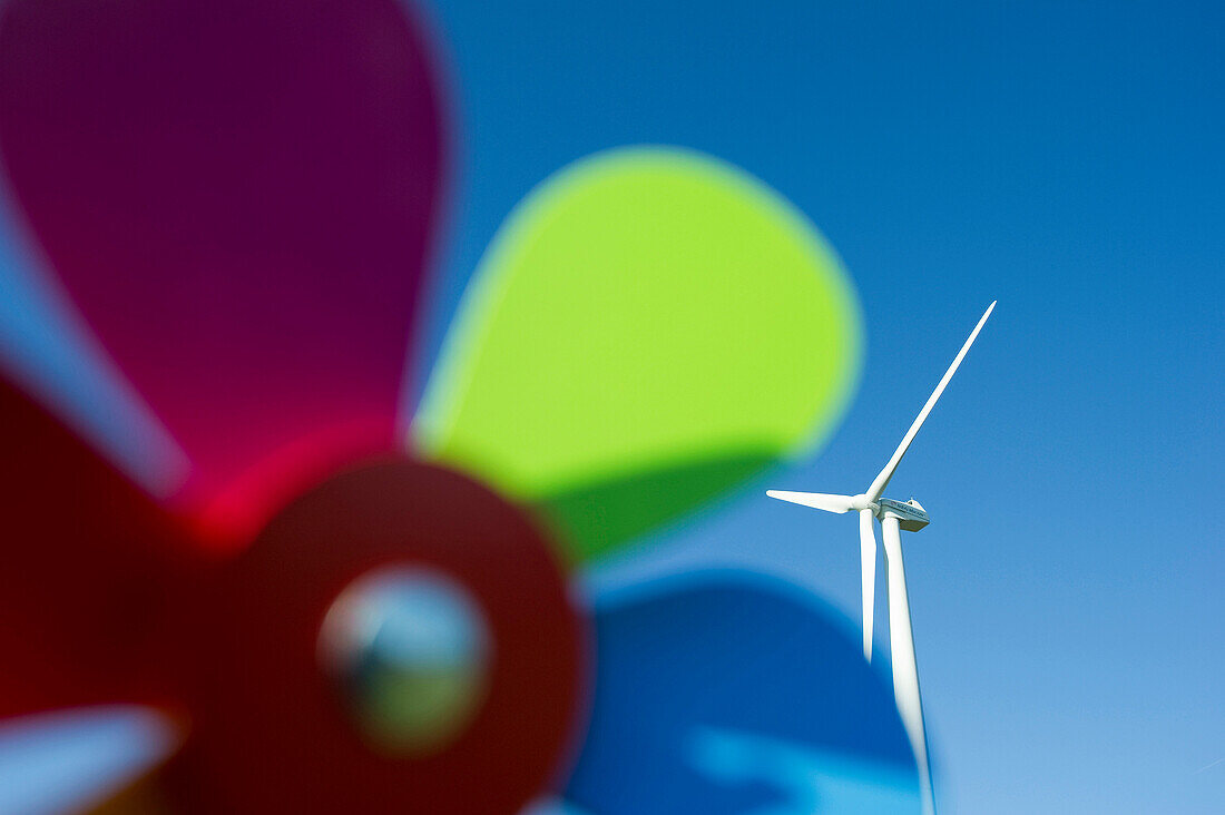 Toy windmill and large wind turbine, Black Forest, Baden-Wurttemberg, Germany