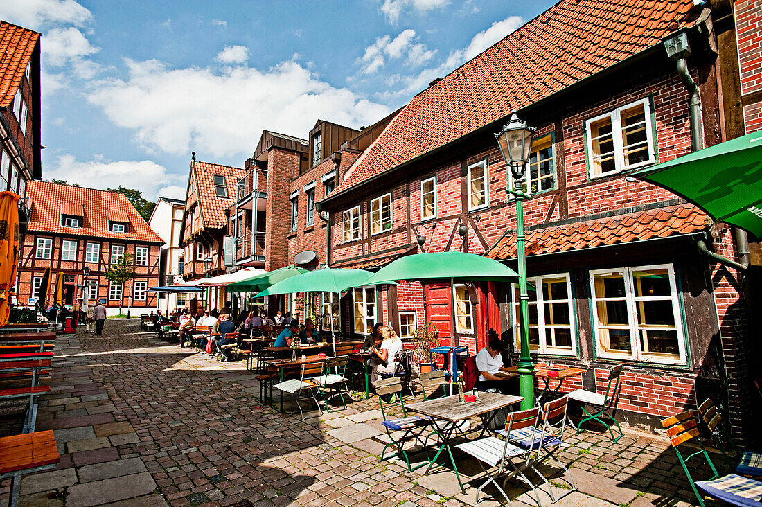 Restaurants and old timbered houses in Lammertwiete, Hamburg-Harburg, Germany