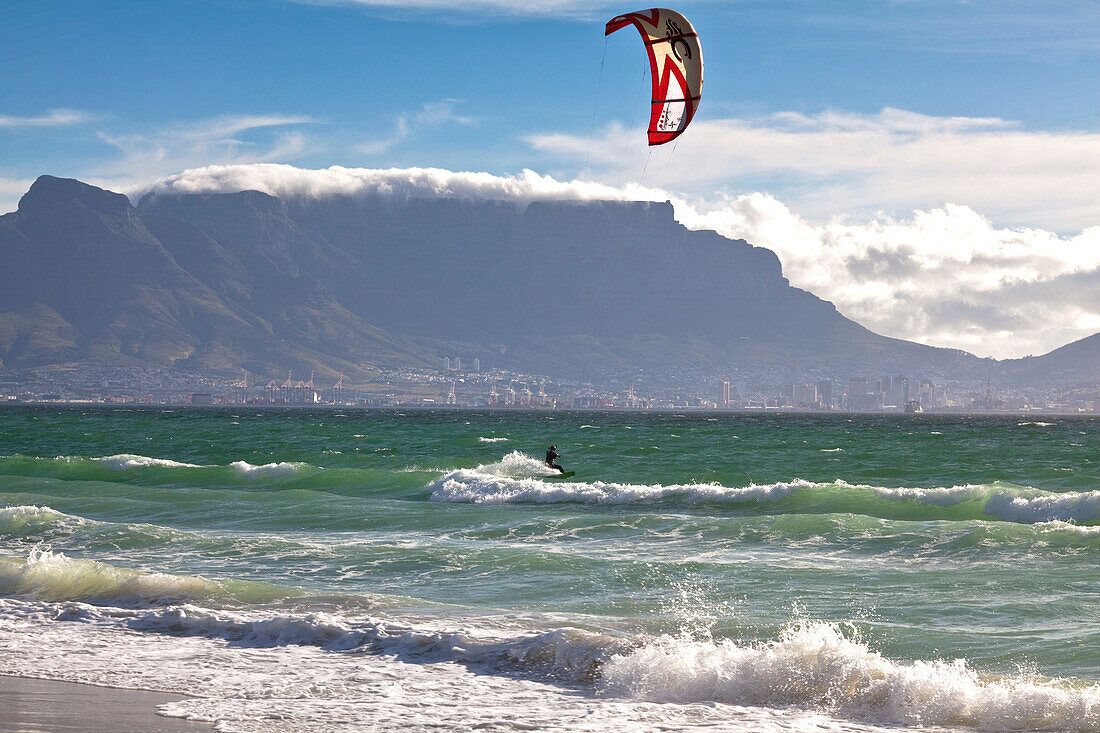 Beach impression with kitesurfers at Bloubergstrand with views of Table Mountain and Cape Town, Western Cape, South Africa, RSA, Africa