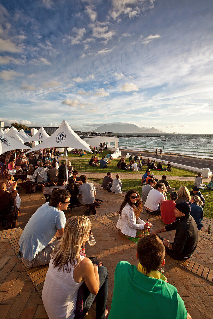 Sunset on the terrace of the Blue Peter Hotel, Bloubergstrand, Cape Town, Western Cape, South Africa, RSA, Africa