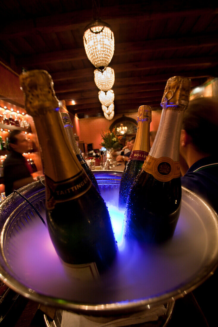 Restaurant impression with champagne bottles, Kitima Restaurant, Hout Bay, Western Cape, South Africa, RSA, Africa