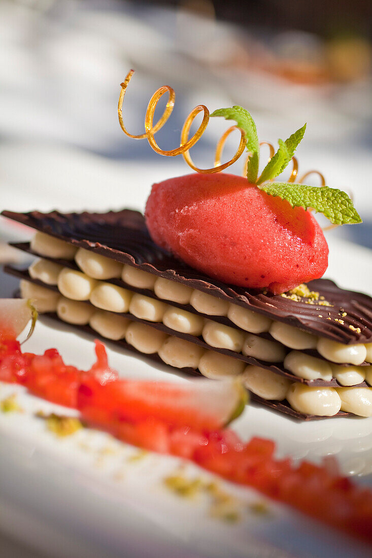 Mille Feuille of white and dark chocolate with marinated strawberries and strawberry sorbet, Restaurant Bosmans at Grande Roche Hotel, Paarl, Cape Town, Western Cape, South Africa, RSA, Africa