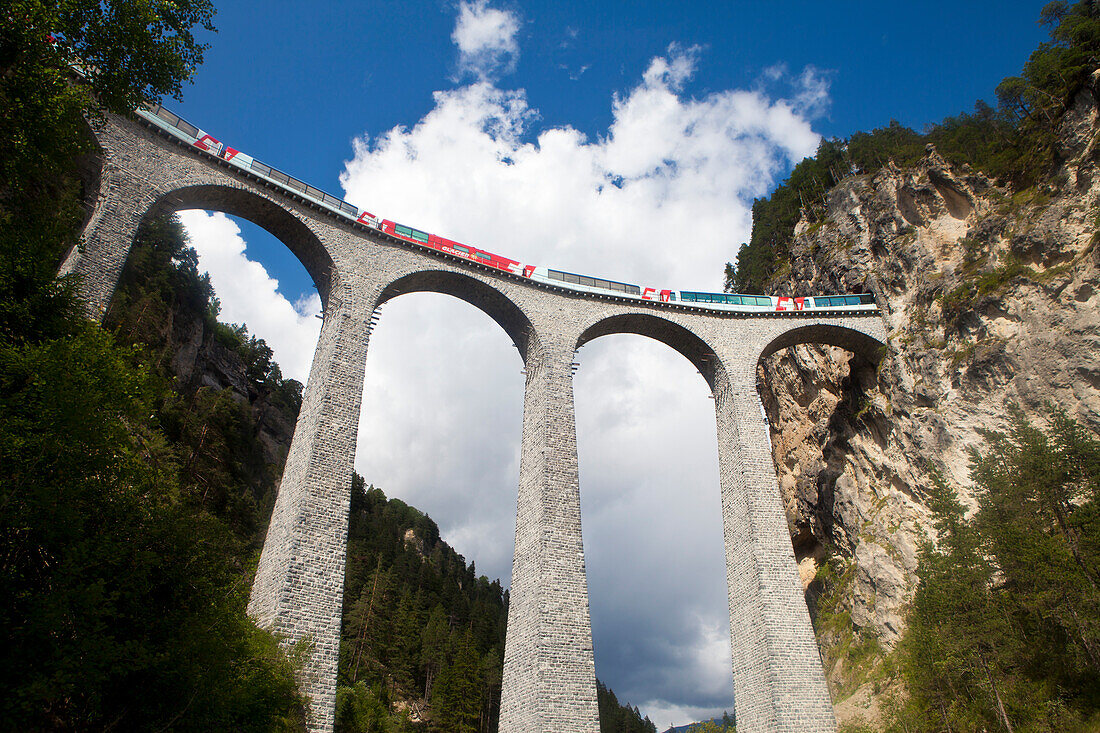 Train, Glacier Express, crossing the Landwasser Viaduct near Filisur, Graubuenden, Switzerland