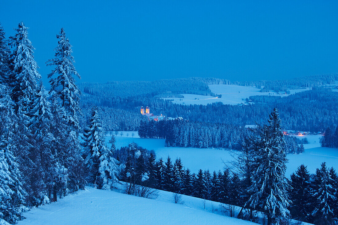 Winter evening view from St Peter towards St Maergen, Black Forest, Baden-Wuerttemberg, Germany, Europe