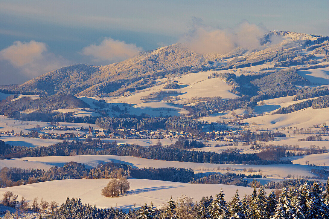 View on a winters day from Breitnau-Fahrenberg towards Kandel mountain and St Peter, Black Forest, Baden-Wuerttemberg, Germany, Europe