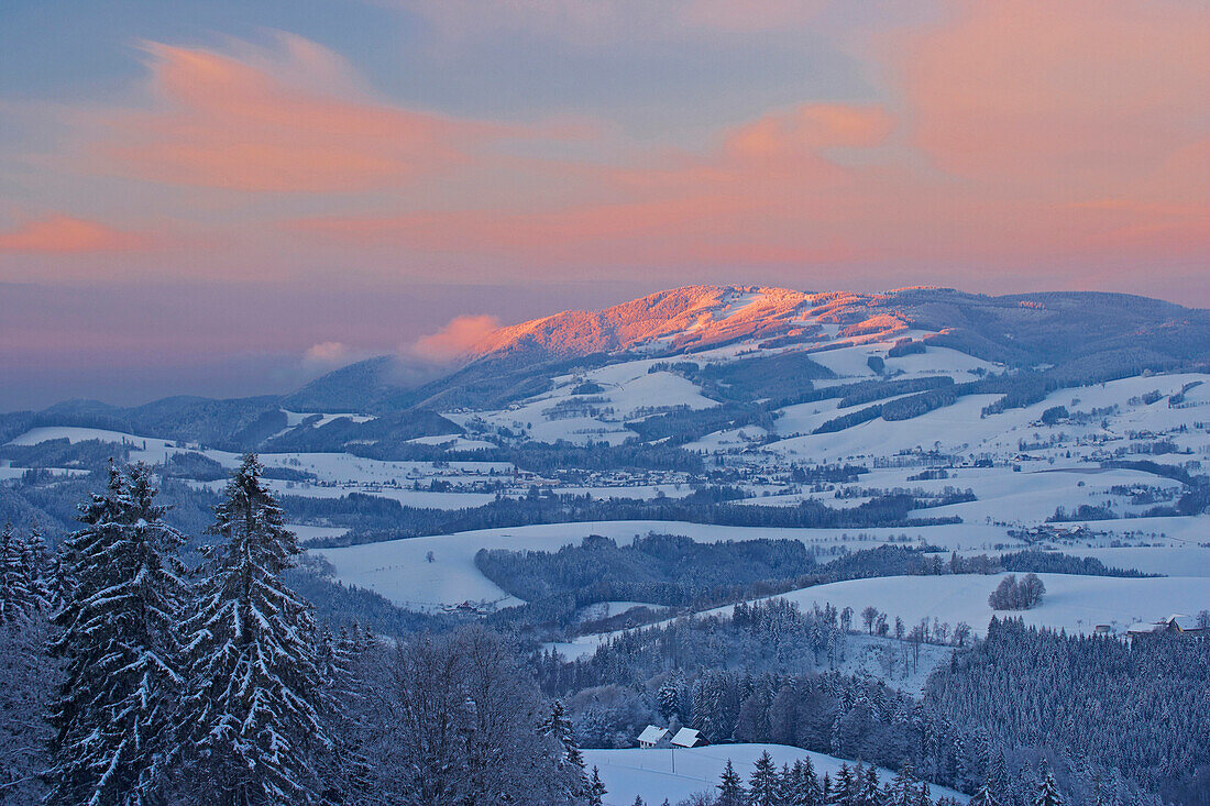 View on a winters evening from Breitnau-Fahrenberg towards Kandel mountain and St Peter, Black Forest, Baden-Wuerttemberg, Germany, Europe