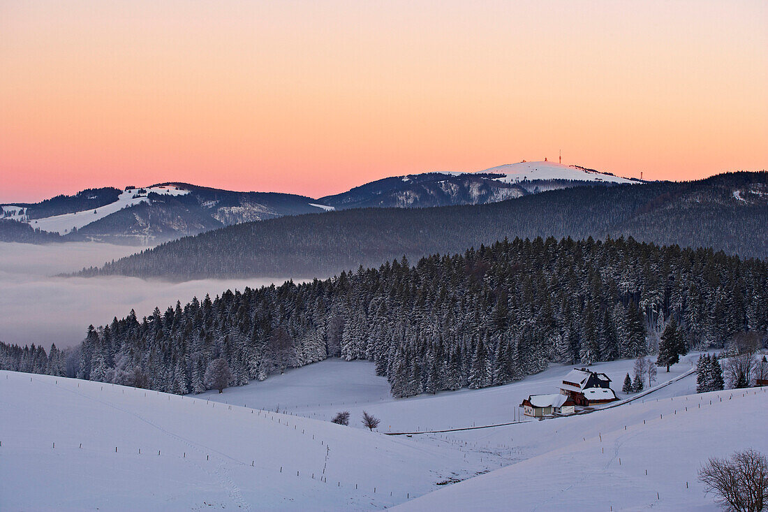 View from Schauinsland Halde towards Feldberg at Sunset, Farmhouse, Black Forest, Baden-Wuerttemberg, Germany, Europe