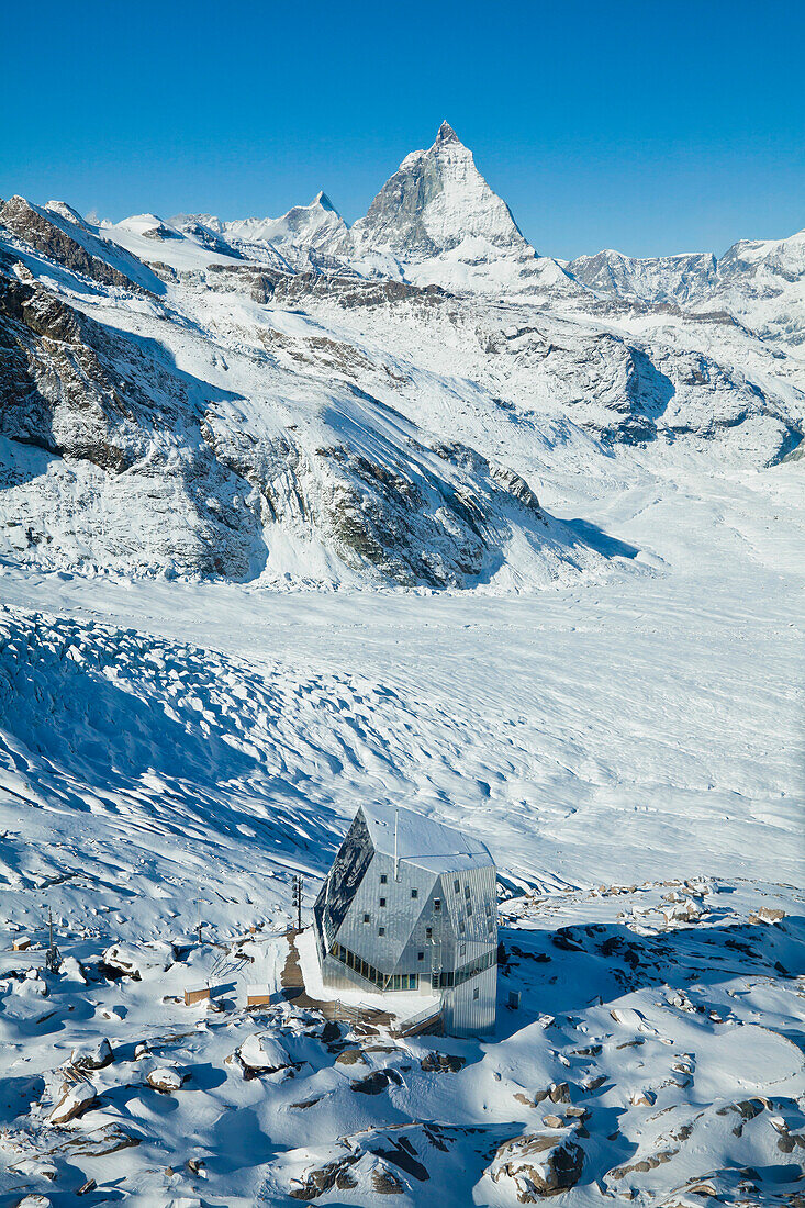 A hut in the mountains, the New Monte Rosa Hut, Matterhorn in the background, Zermatt, Valais, Switzerland