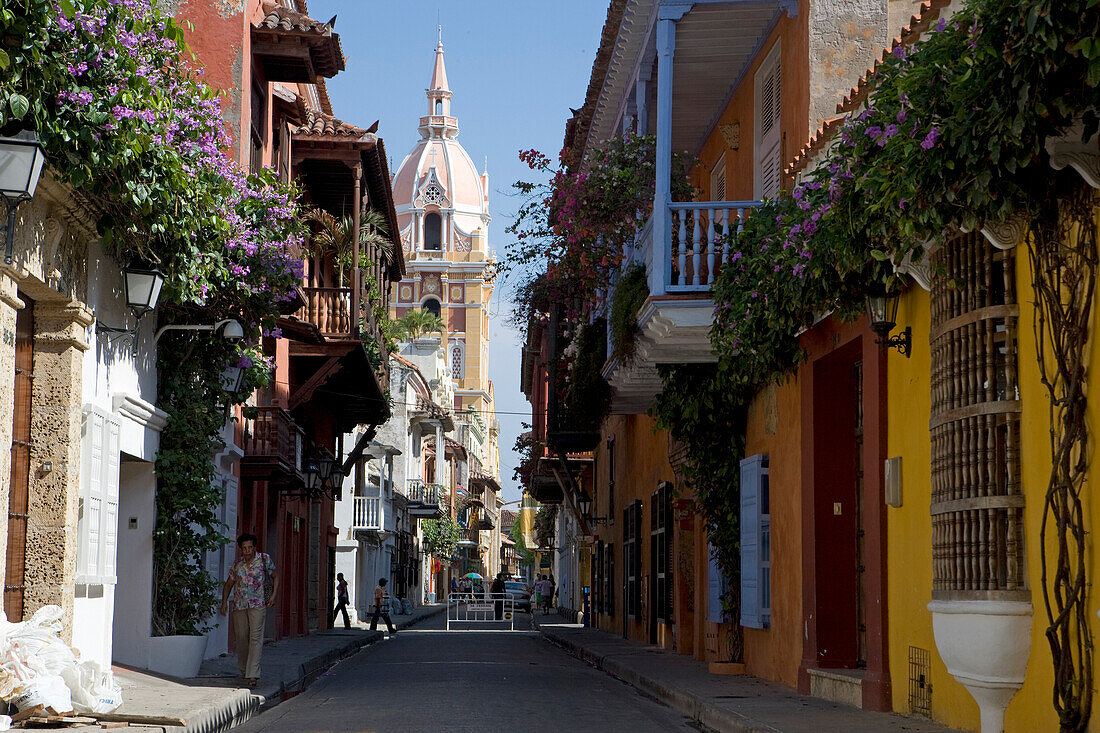 View towards the Cathedral, Cartagena, Colombia, South America