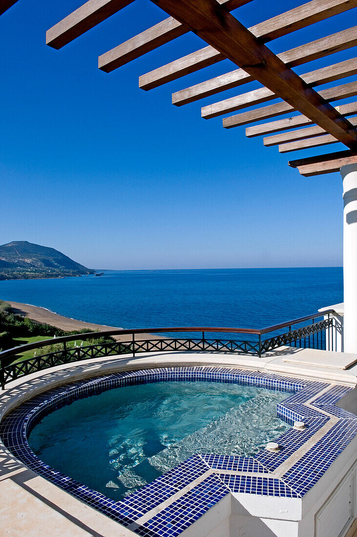 Coastal view and pergola over swimming pool, part of the Adonis & Aphrodite-Suite, Anassa-Hotel, Thanos Hotels,  Cyprus