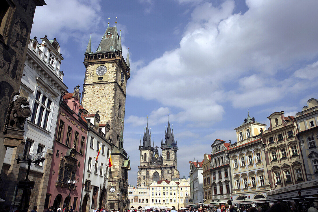 Tyn Cathedral and Astronomical Clock in old town square, Prague, Czech Republic