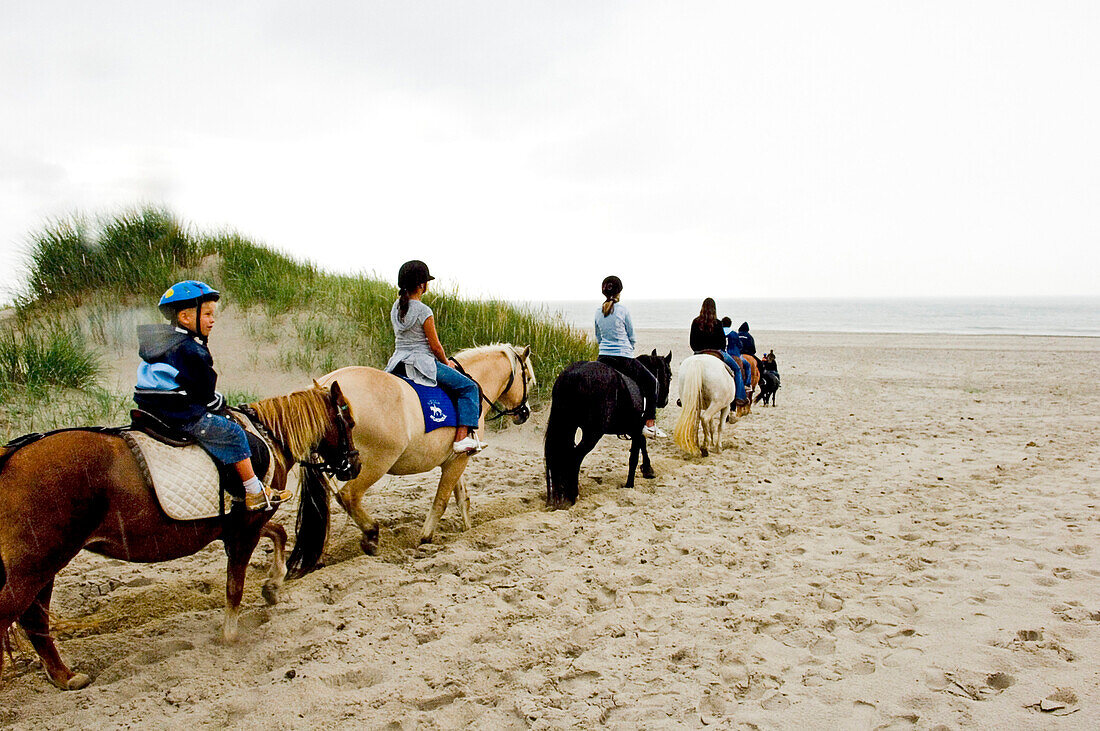 Children at riding horses at the Ridecenter Vinterlejegaard situated in a dune landscape on the isthmus Holmsland Klit, West Jutland Denmark