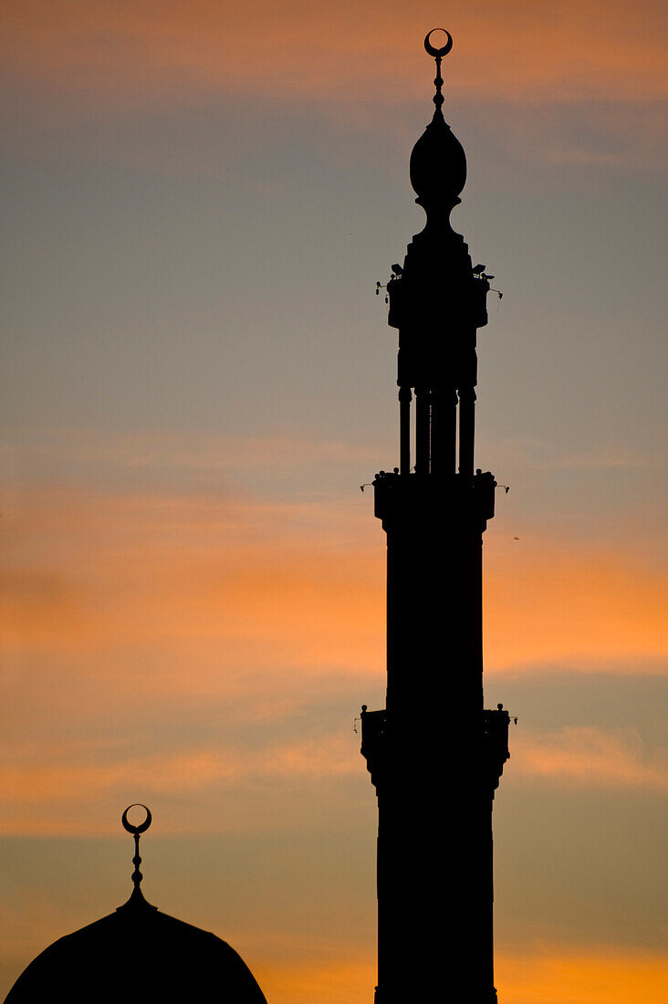 Silhouette of mosque at dawn, Aswan, Egypt