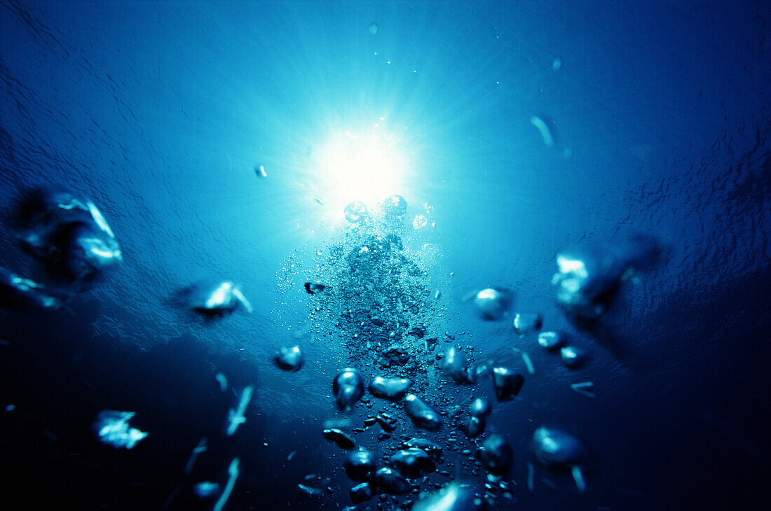 Sun shining through water with bubbles, Red Sea, Egypt