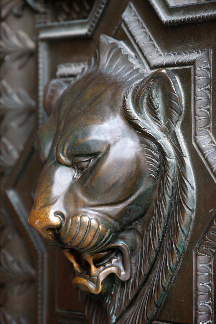 France, Lyon, Lion head on a door of Fourvière basilica